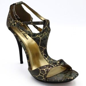 Michael Antonio Sandals Women 7.5 Green Gold Snake Print T-Strap Stiletto Party